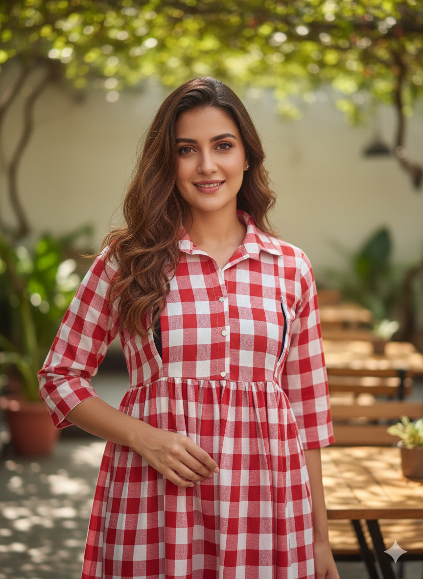 Anarkali Box Gown — Cotton Checkered Maxi Dress