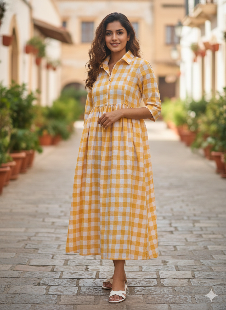 Anarkali Box Gown — Cotton Checkered Maxi Dress
