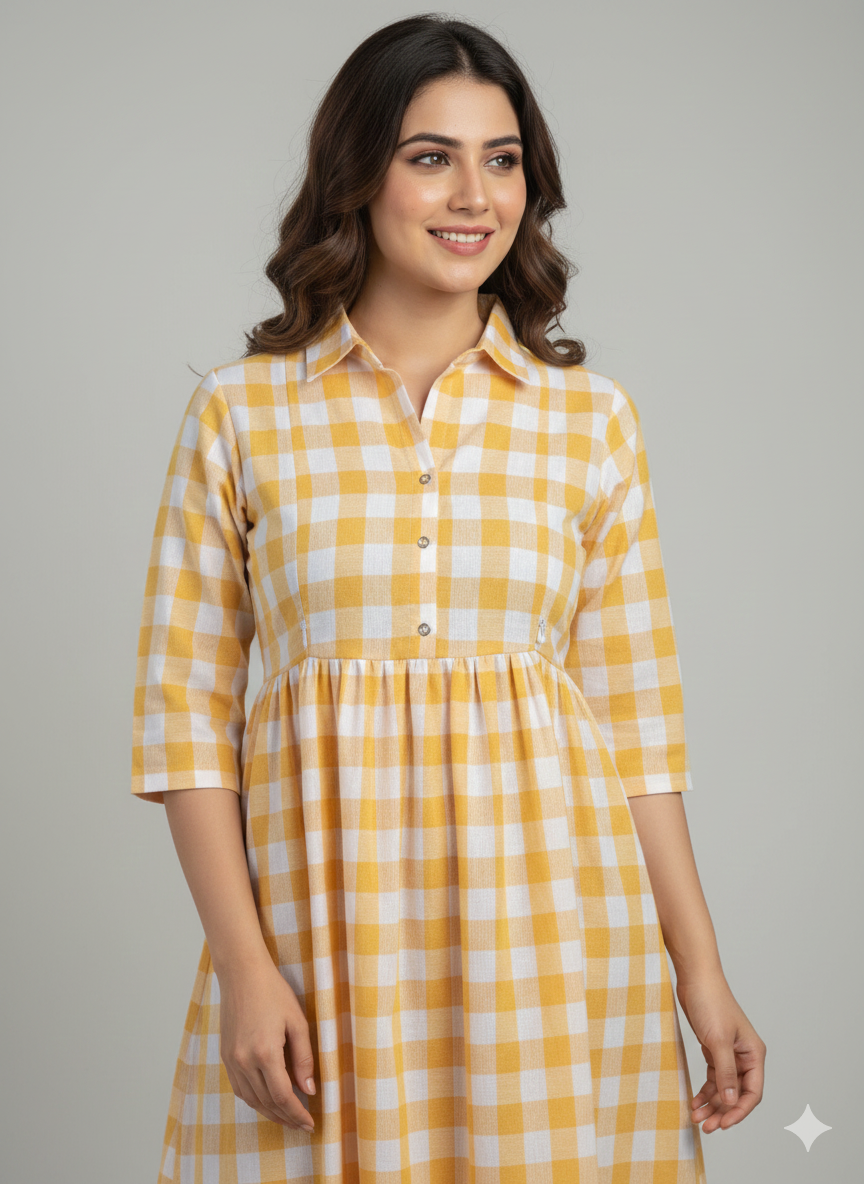 Anarkali Box Gown — Cotton Checkered Maxi Dress