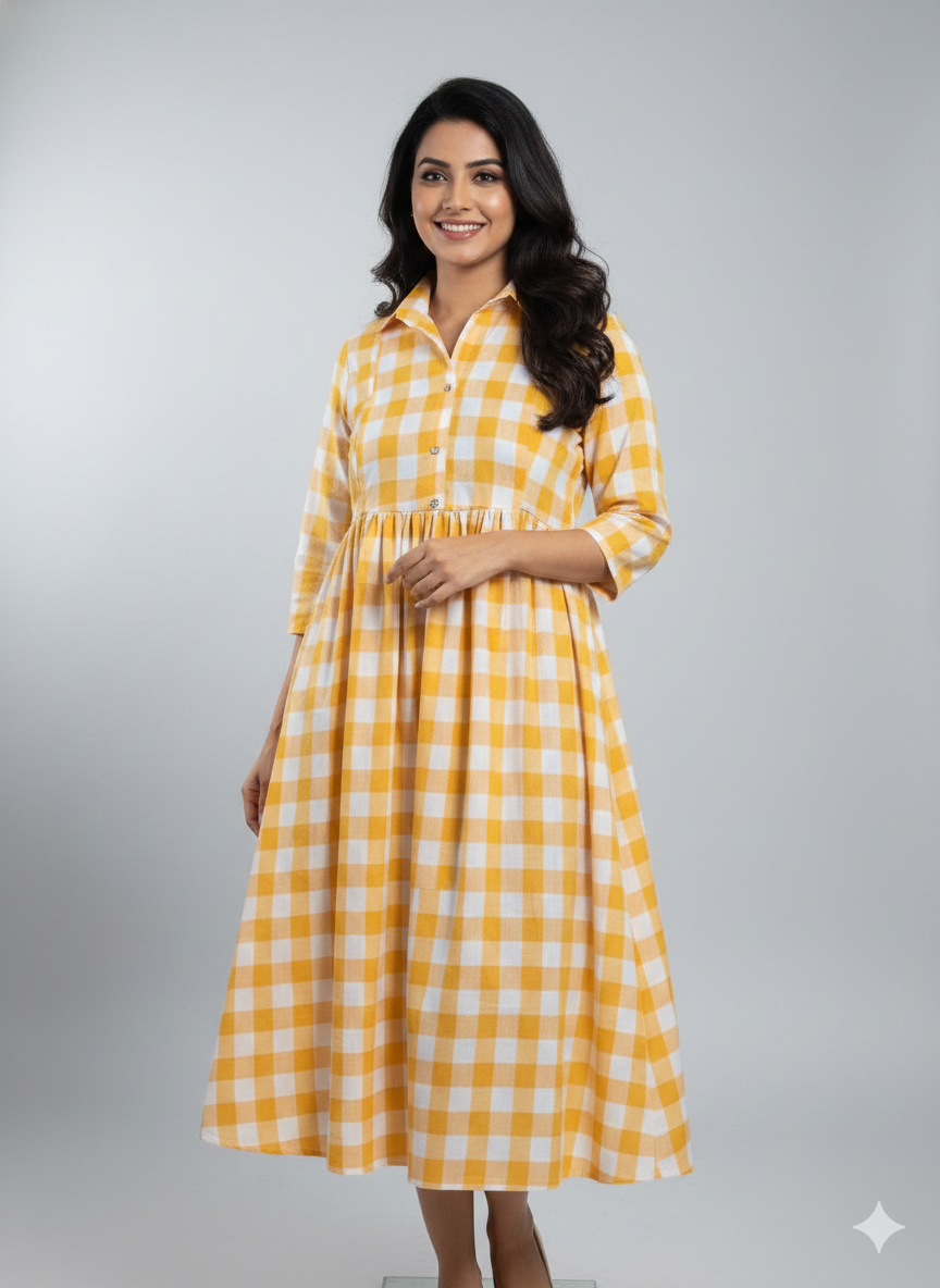 Anarkali Box Gown — Cotton Checkered Maxi Dress