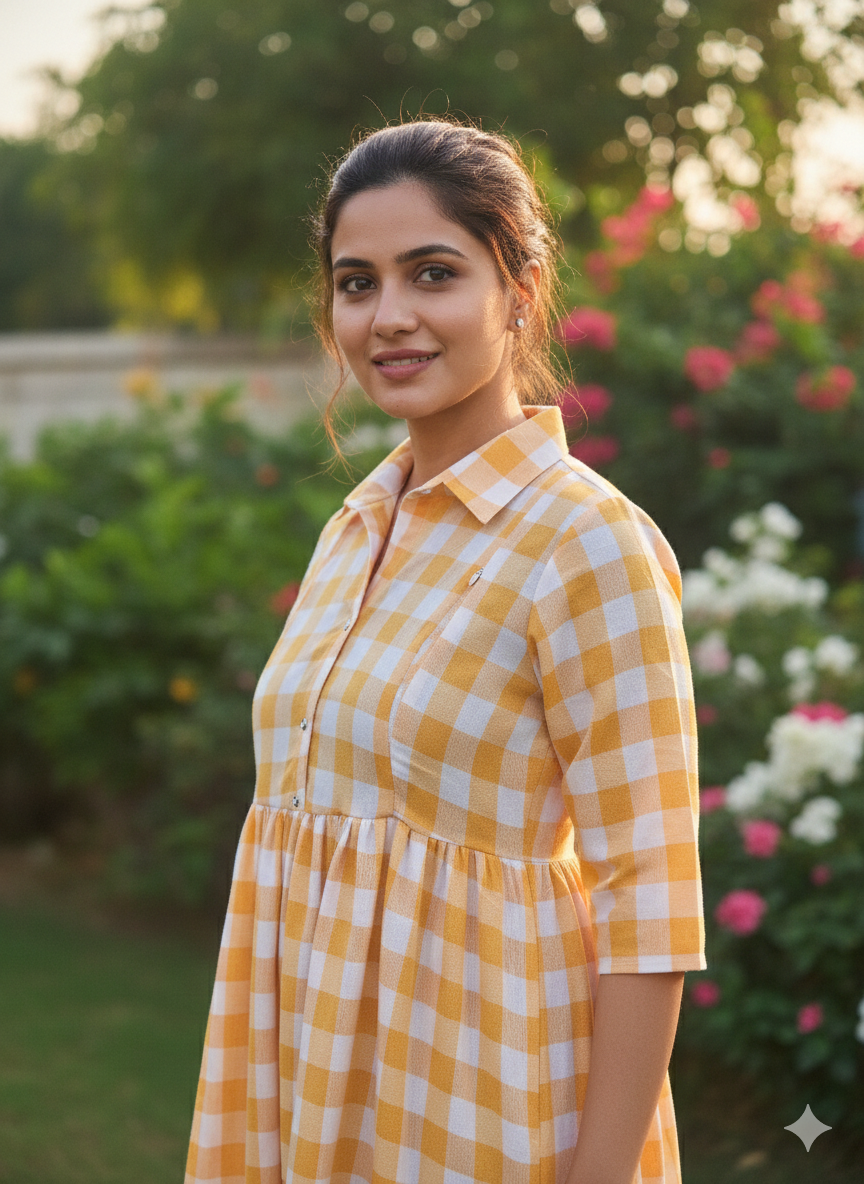 Anarkali Box Gown — Cotton Checkered Maxi Dress