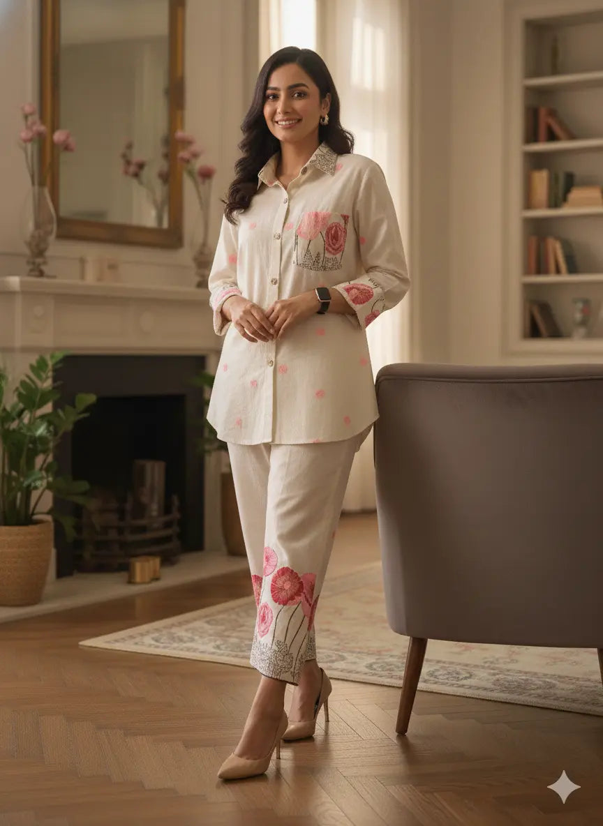 Blossom Breeze Embroidered Cotton Co-ord Set The Baisa