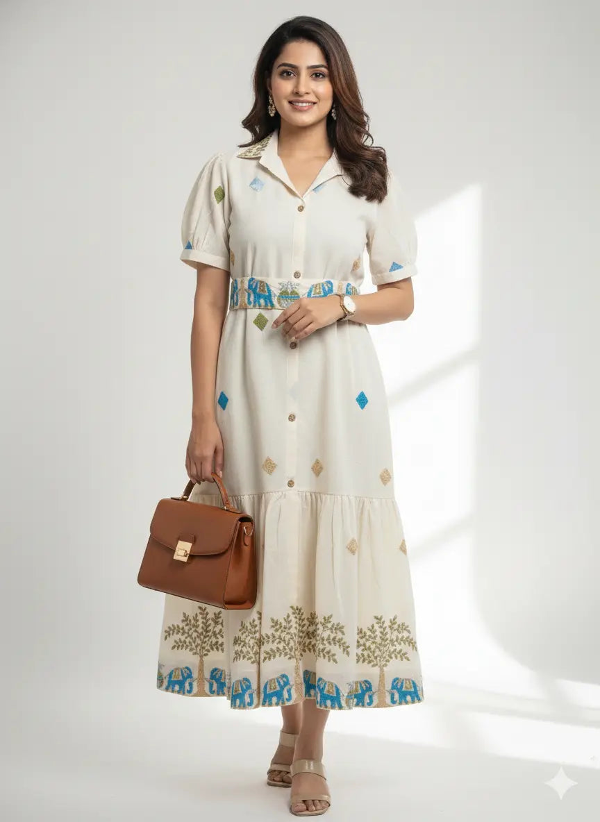 Gaj-Rani Elephant Motif Cotton Shirt Dress The Baisa