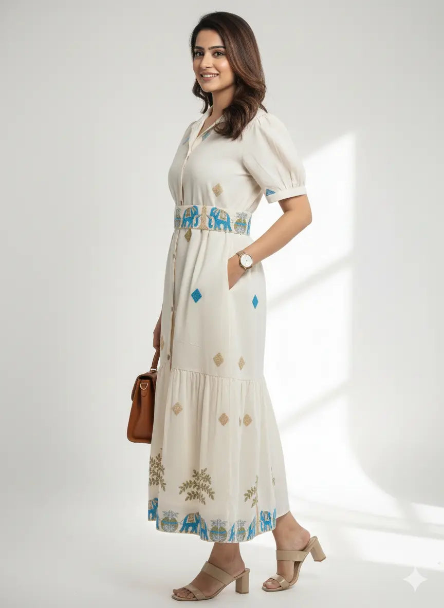 Gaj-Rani Elephant Motif Cotton Shirt Dress The Baisa