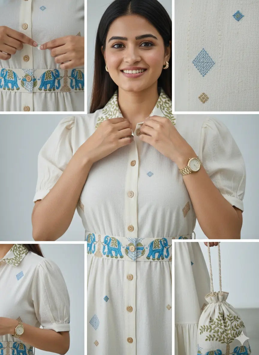 Gaj-Rani Elephant Motif Cotton Shirt Dress The Baisa