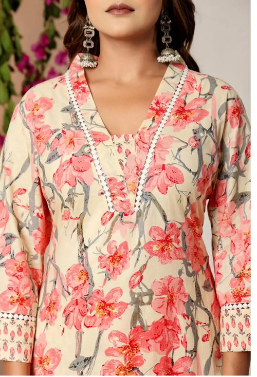 A-Line Floral V-Neck Lace Kurta Set — The Baisa