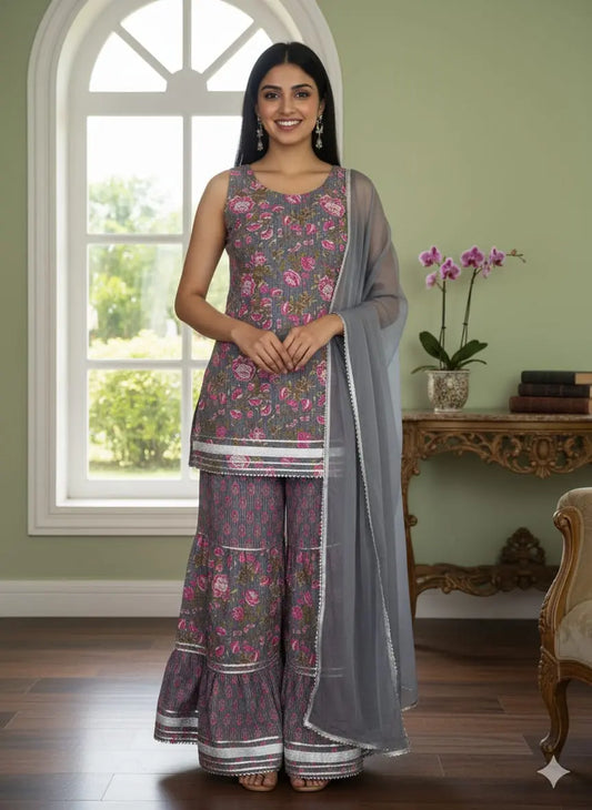 Shreeji Peach Gota Floral Sharara Set The Baisa