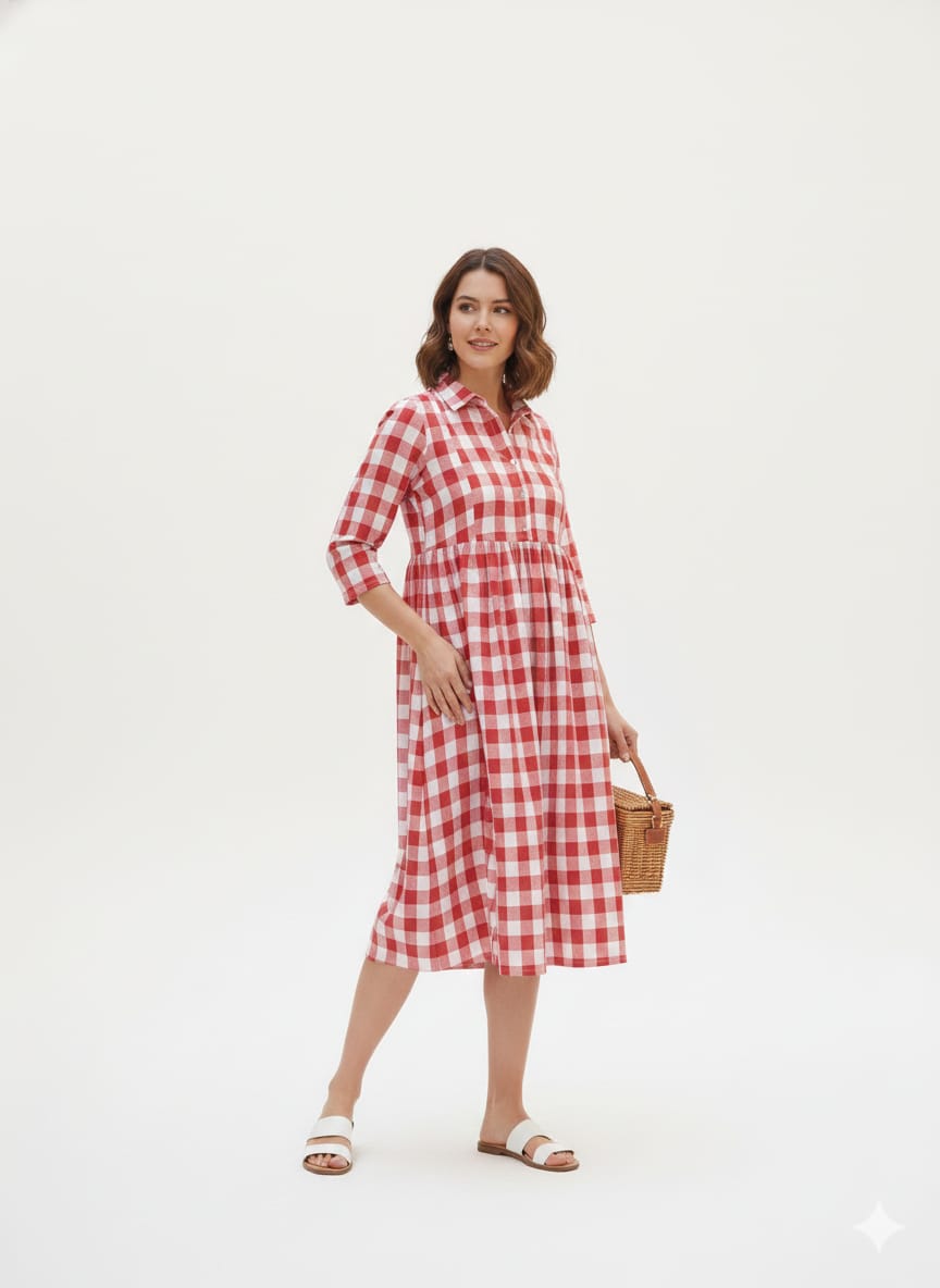 Anarkali Box Gown — Cotton Checkered Maxi Dress