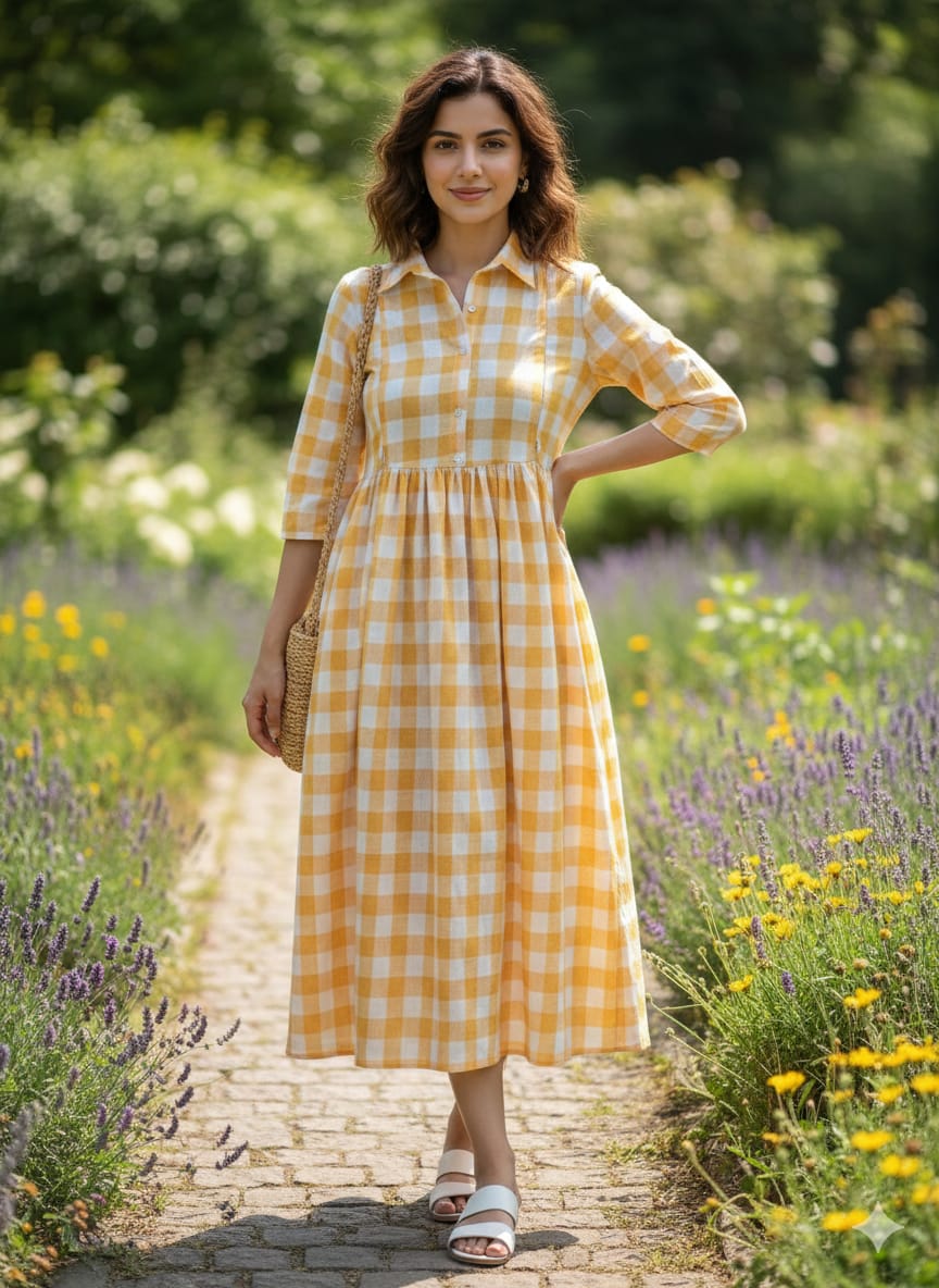 Anarkali Box Gown — Cotton Checkered Maxi Dress