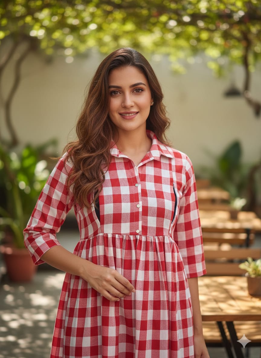 Anarkali Box Gown — Cotton Checkered Maxi Dress