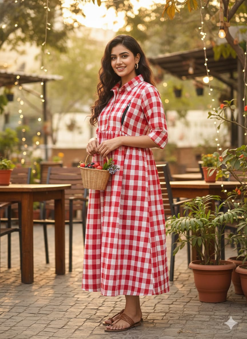 Anarkali Box Gown — Cotton Checkered Maxi Dress