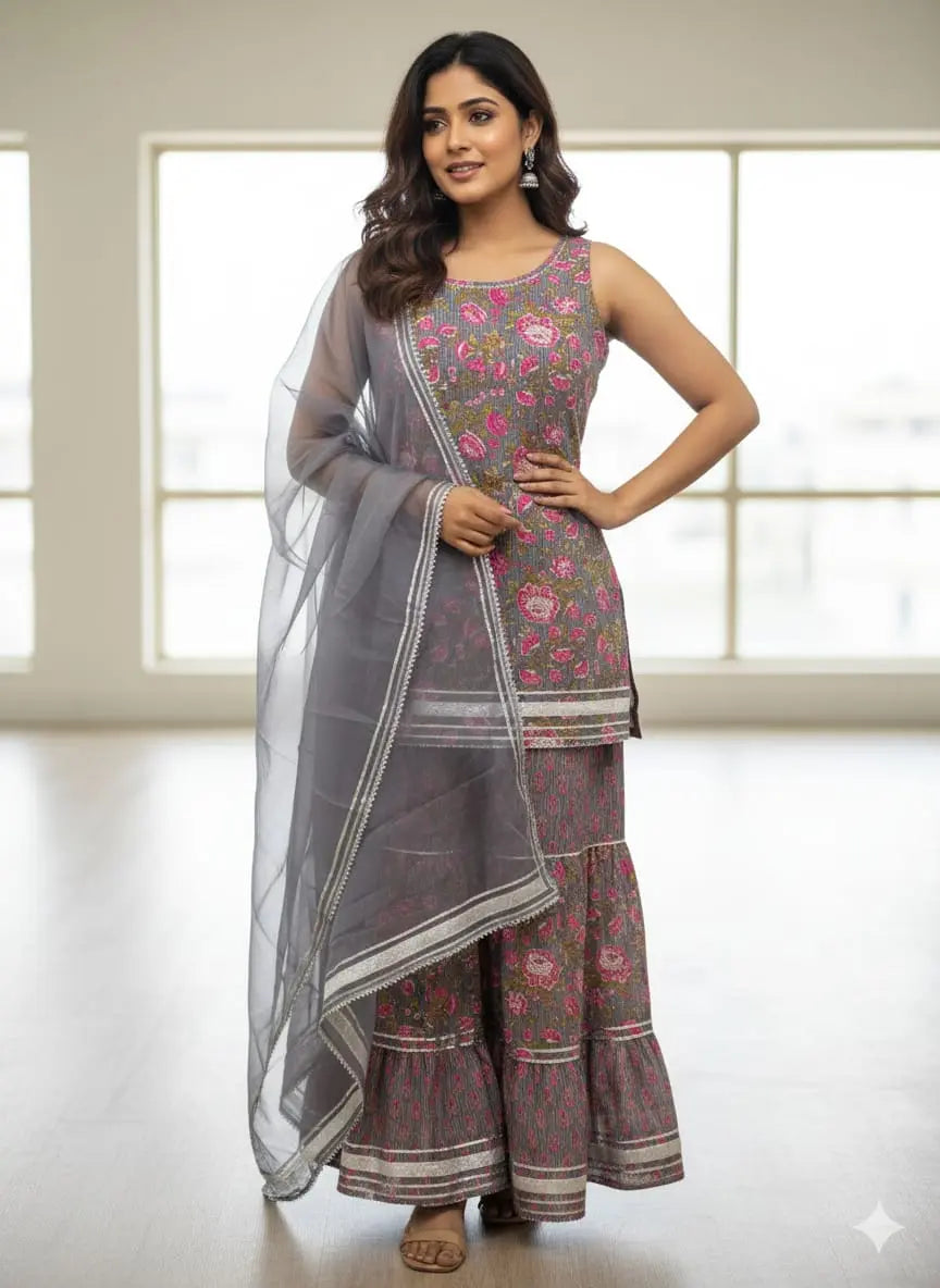 Shreeji Peach Gota Floral Sharara Set The Baisa