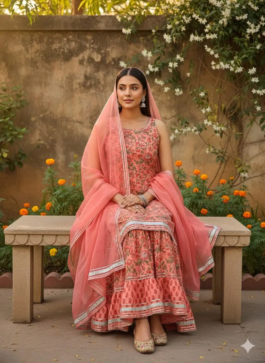 Shreeji Peach Gota Floral Sharara Set The Baisa