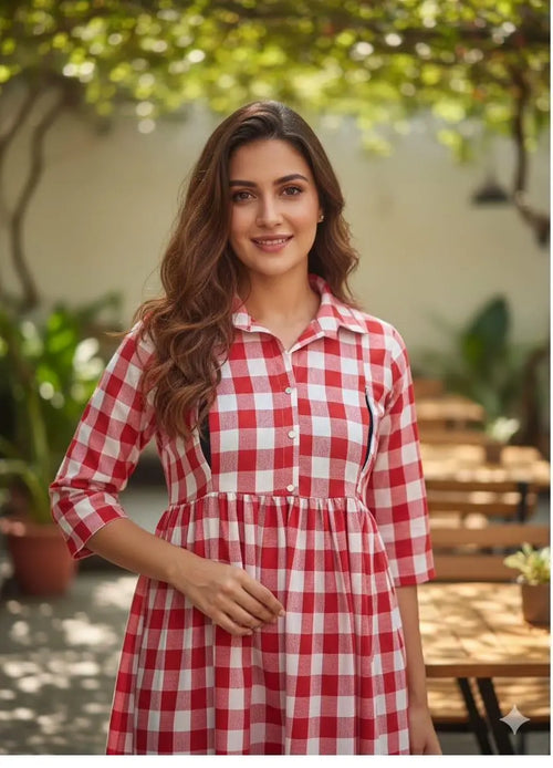 Anarkali Box Gown — red & white checkered cotton maxi dress, front view — The Baisa Jaipur